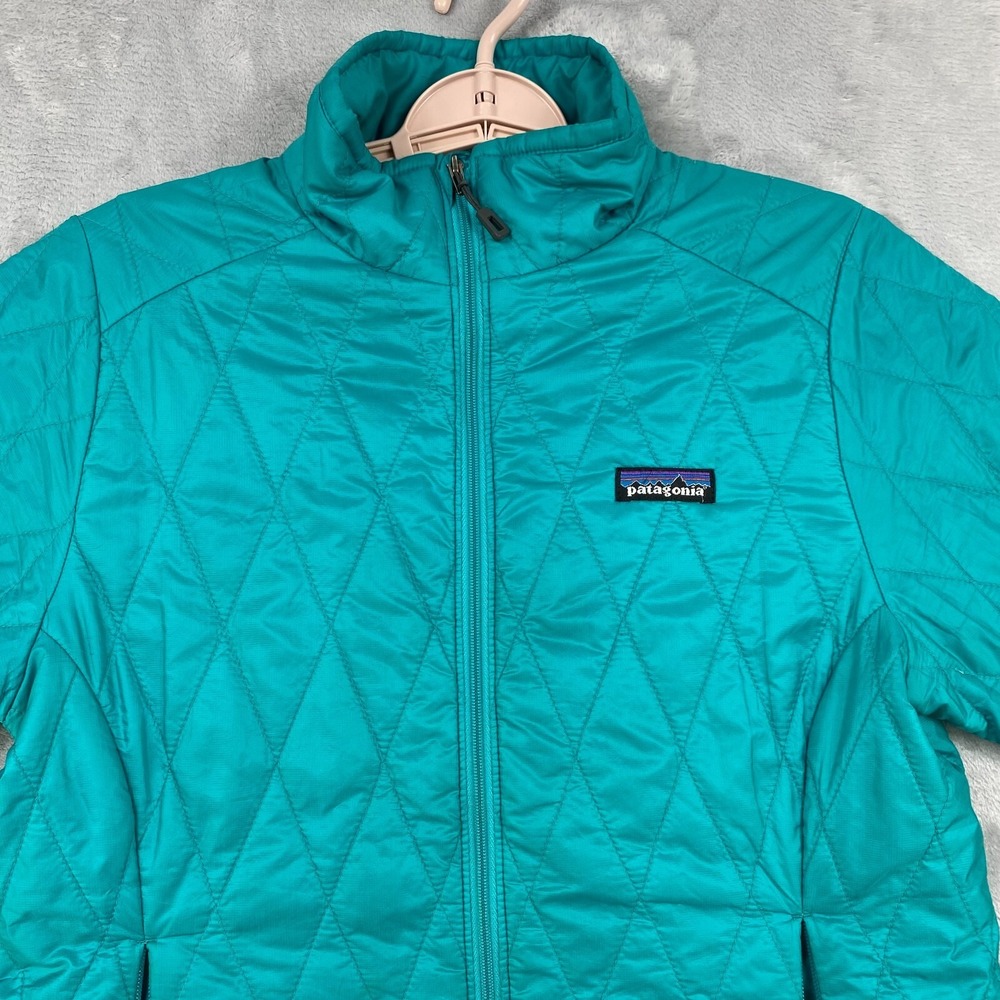 Patagonia Nano Puff Jacket Womens S Aqua Blue Quilt‎ Pattern Zippered Pockets